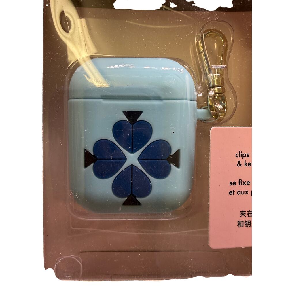 ♠️ Kate Spade Blue Silicone AirPods Case Keychain Cover Clover Tech Luxury New - Picture 4 of 5